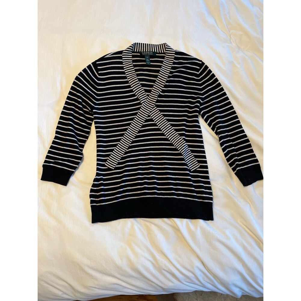 LAUREN RALPH LAUREN Sweater Womens XS Striped Tie V-Neck Cotton Black White